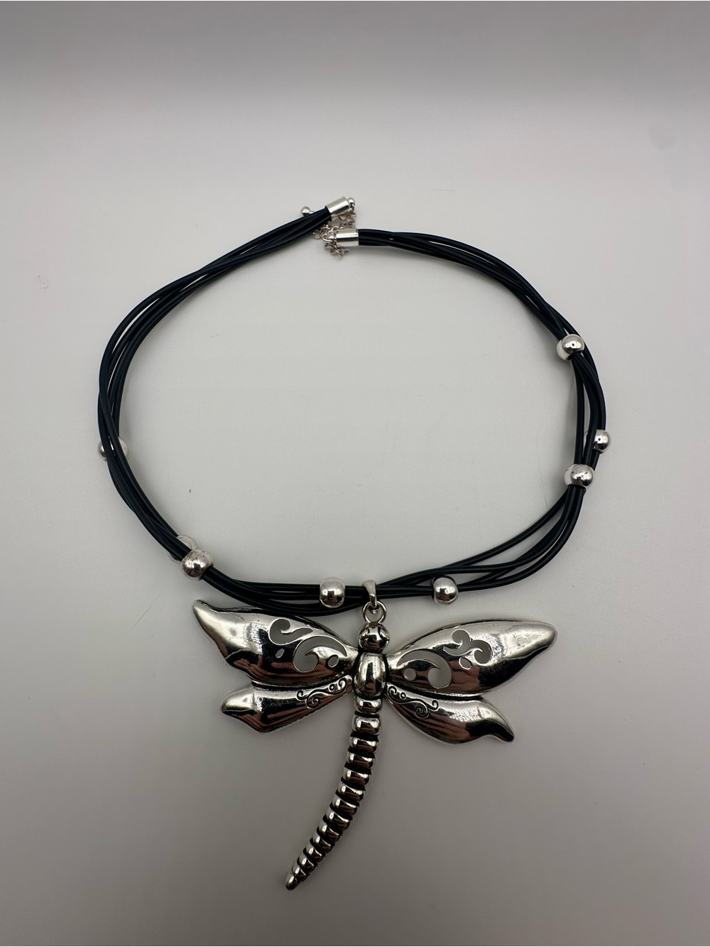 Silver Tone Dragonfly Pendant Necklace Black Multi Strand Cord Statement Jewelry